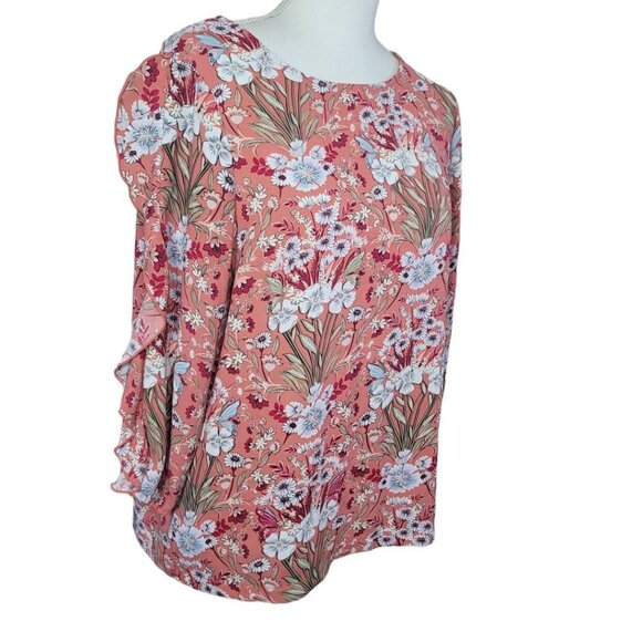 Lauren Conrad Floral Pink Sheer Long Sleeve Blouse Womens Large Ruffle Arm - Picture 12 of 12